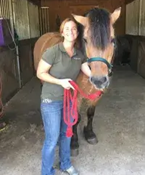 Vet standing with a horse in stall